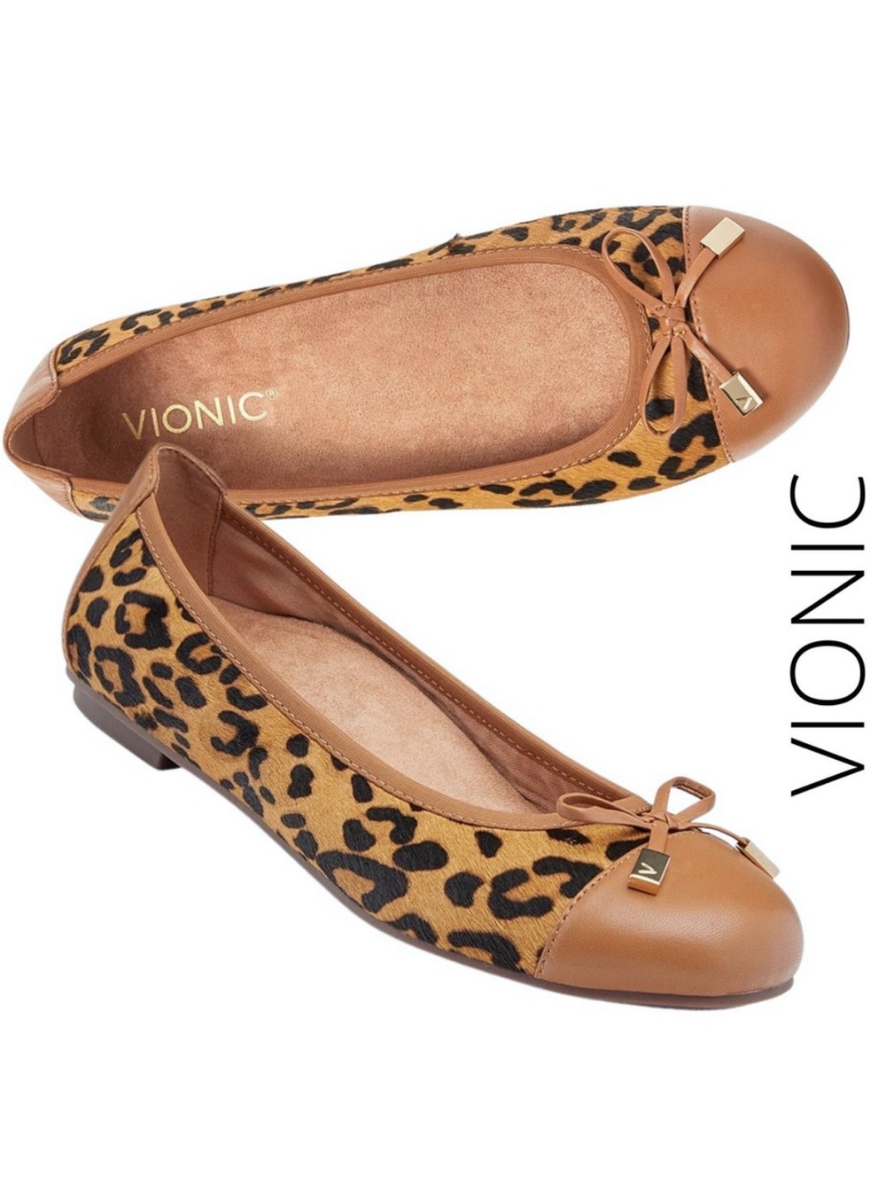 VIONIC ORTHAHEEL MINNA LEATHER CALF HAIR LEOPARD PRINT TOE CAP BALLET FLATS Sz7W